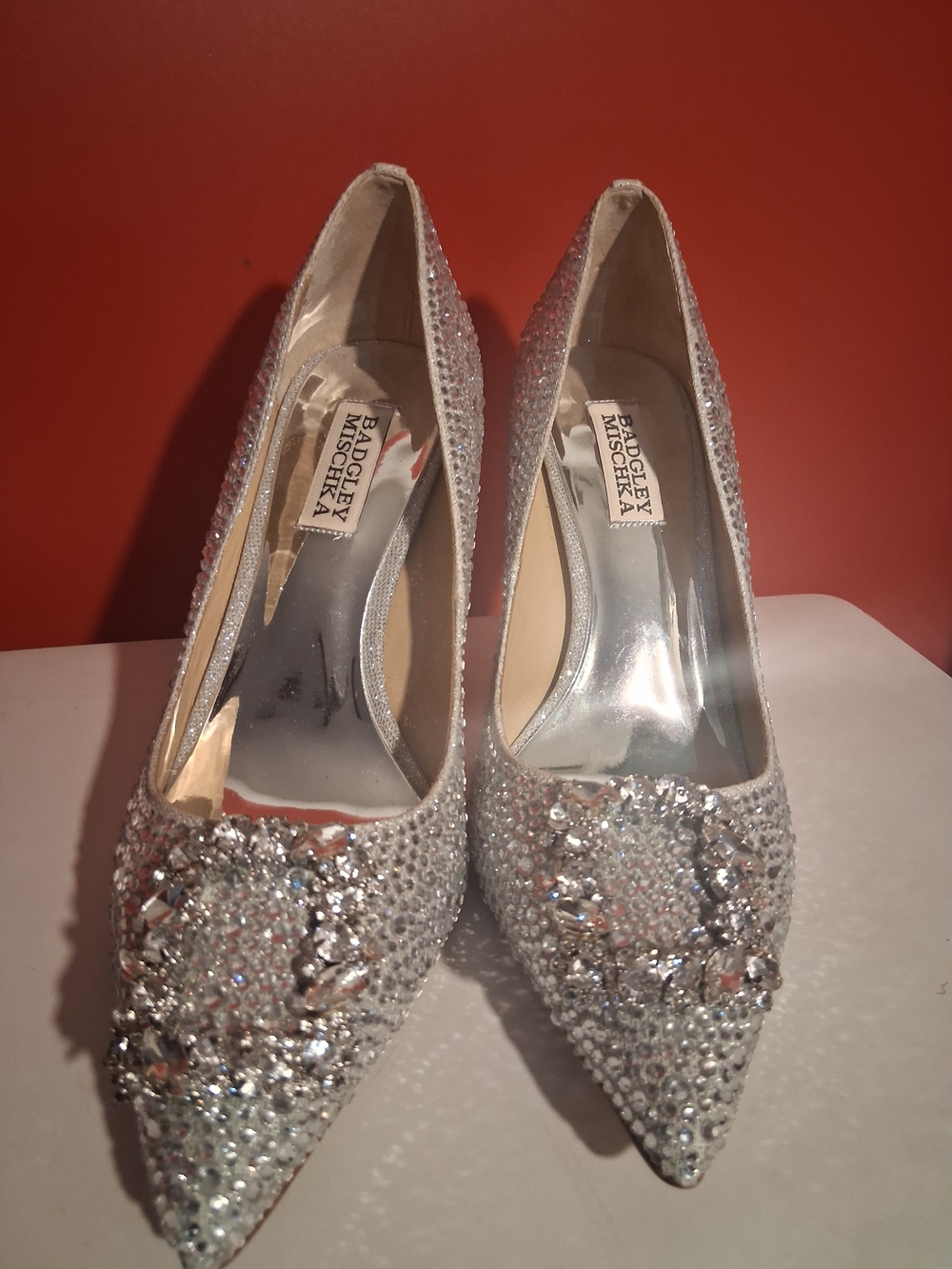 Badgley Mischka Silver Crystal Pointed Toe Embellished Pumps